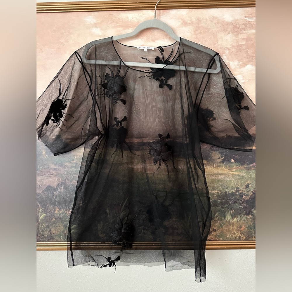 Helmut Lang Orchid-Embroidered Tulle Blouse S